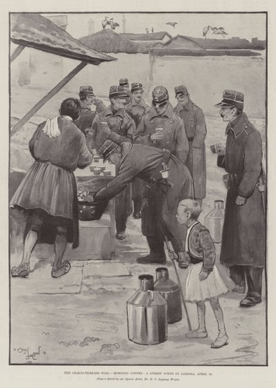 グレコトルコ戦争、モーニングコーヒー、4月19日、ラリッサのストリートシーン 作： Cecil Charles Windsor Aldin